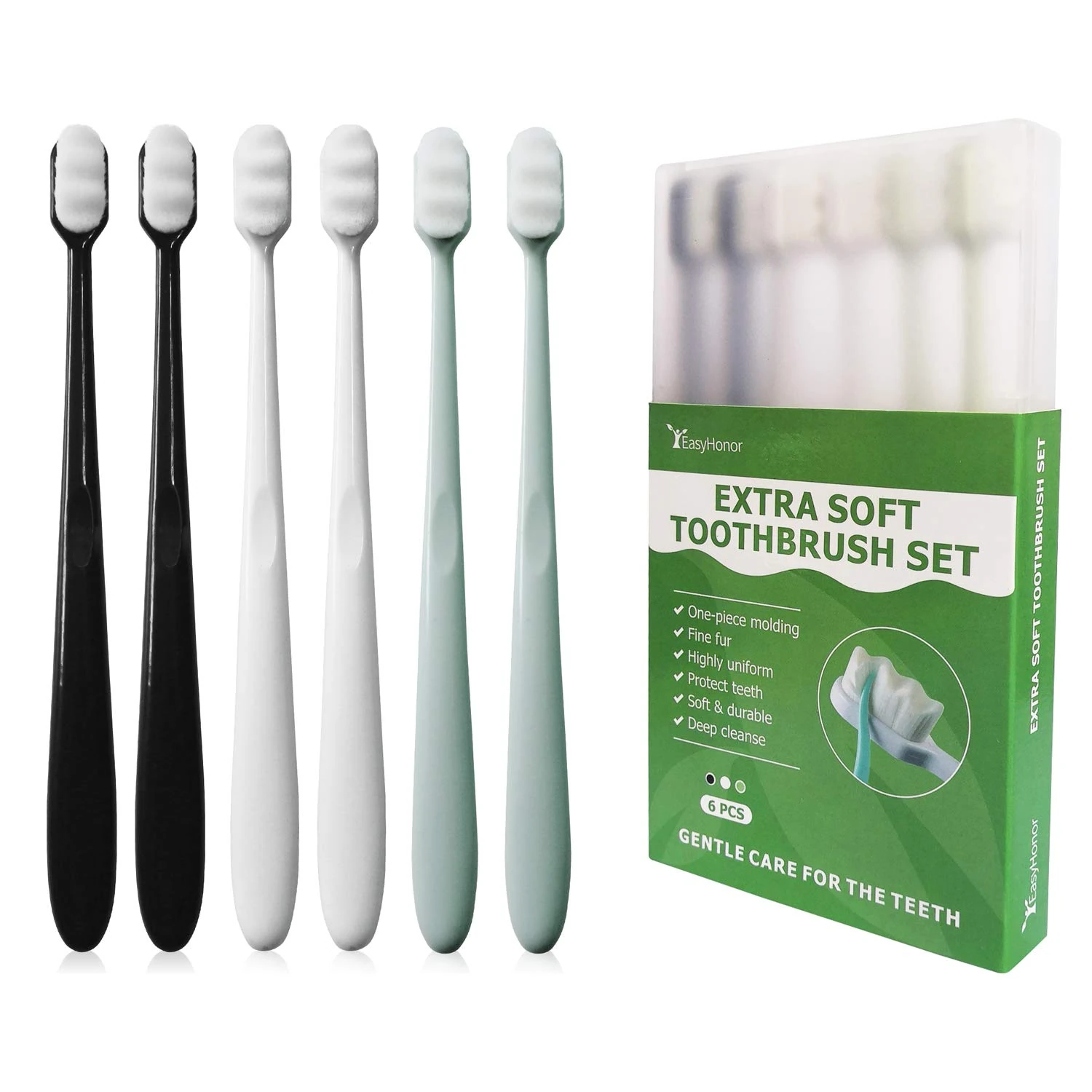 EasyHonor Extra Soft Toothbrush for Sensitive Gums, Micro-Nano Manual Toothbrush with 20000 Soft Floss Bristles 6 Packs(White bristles)