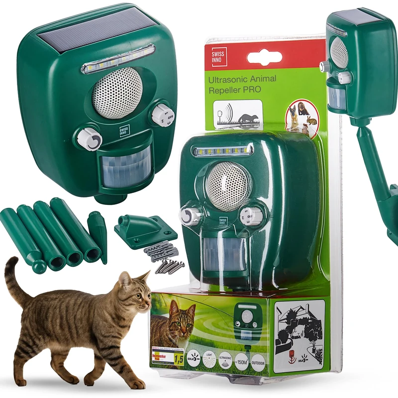 SWISSINNO Ultrasonic Animal Repeller PRO – Repels Cats Dogs Martens Foxes Birds – LED Flash + Siren – Solar Powered – 150 m² Coverage – Outdoor Day & Night