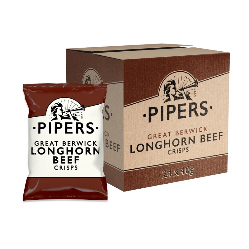 Pipers Crisps | New Flavour | Berwick Longhorn Beef | Full Case | Gluten Free, 40 g (Pack of 24)