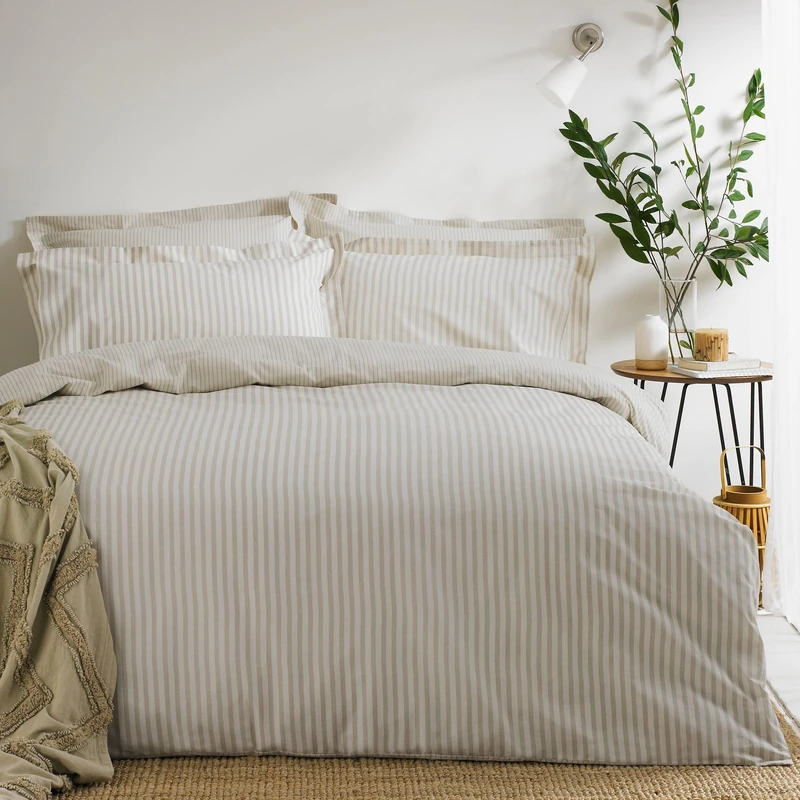 furn. Yard Hebden 100% Cotton Stripe Duvet Cover Set – Reversible Striped Bedding (Natural, Super King)