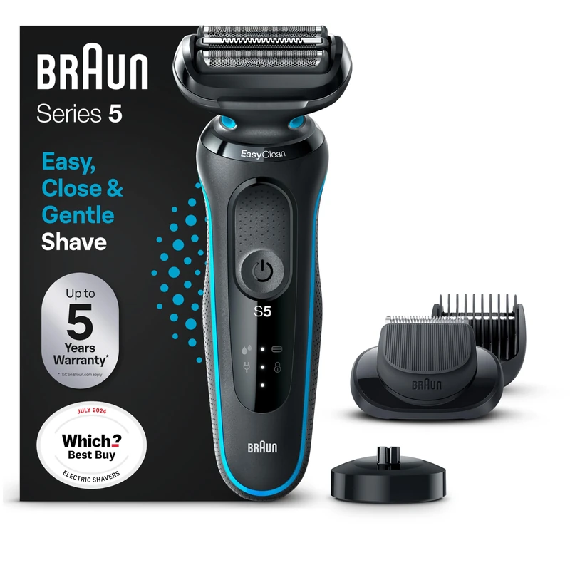 Braun Series 5 Electric Shaver, with Beard Trimmer, Charging Stand, Wet & Dry, 100% Waterproof, Easy Clean System, 2 Pin Bathroom Plug, 50-M4500cs, Mint Razor
