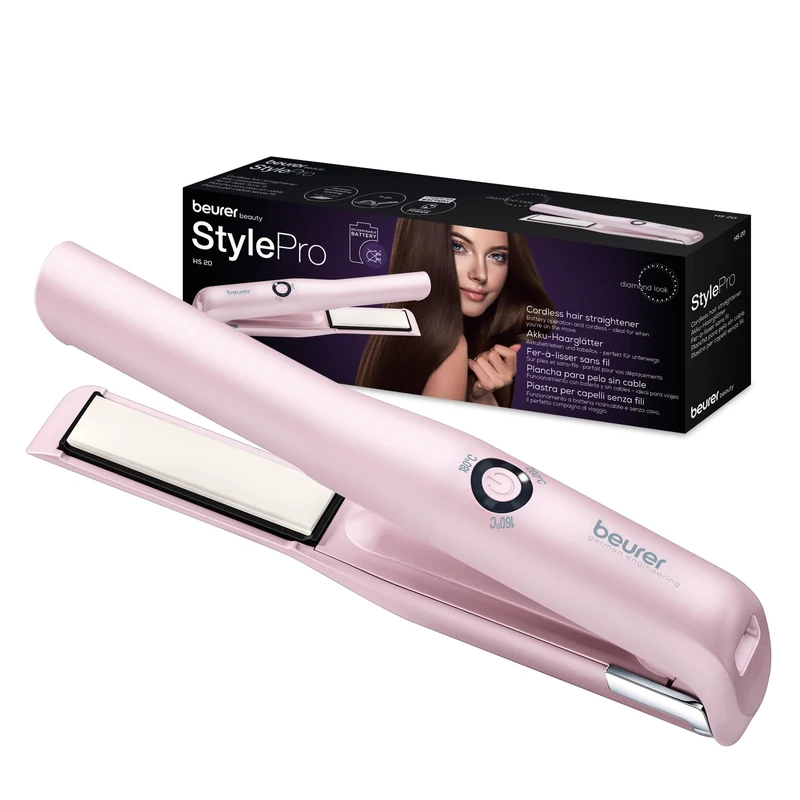 Beurer HS20 Cordless Rechargeable Hair Straightener With USB Charging Cable, 3 Fast-Heating Temperature Settings And Heat-Resistant Cover, Ideal For Travelling