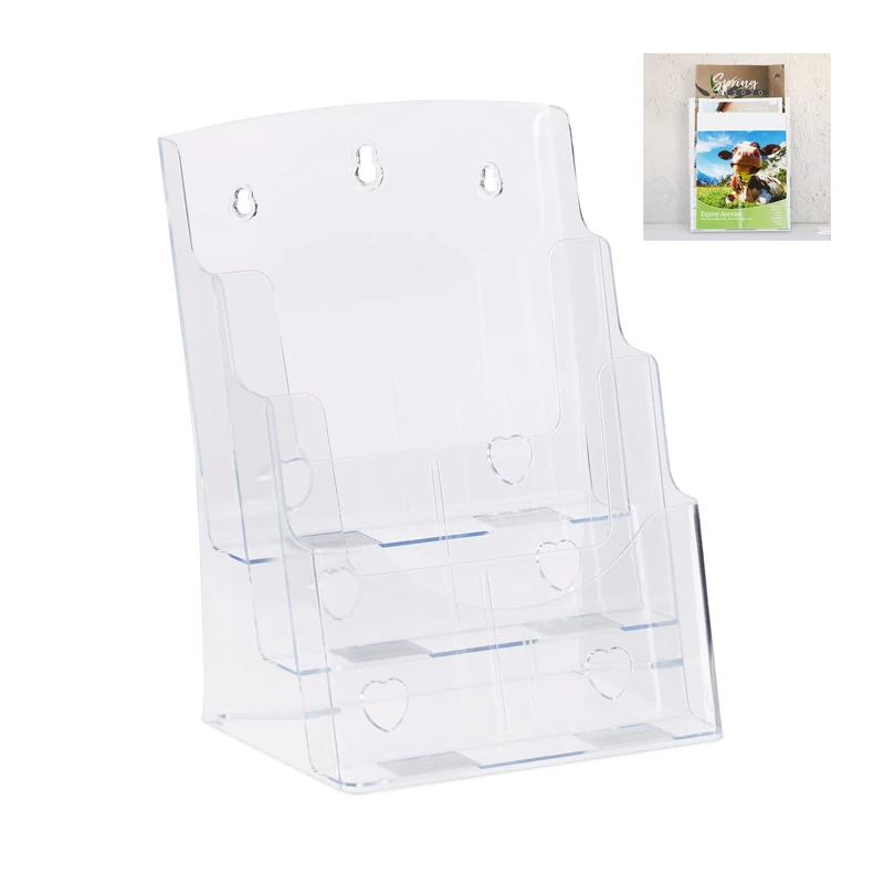 Relaxdays Prospectus Holder A4 / DIN Long, 3 Tiers, Acrylic, Flyer Display, Table, Wall, HWD: 33x24.5x20cm, Transparent - Image 1