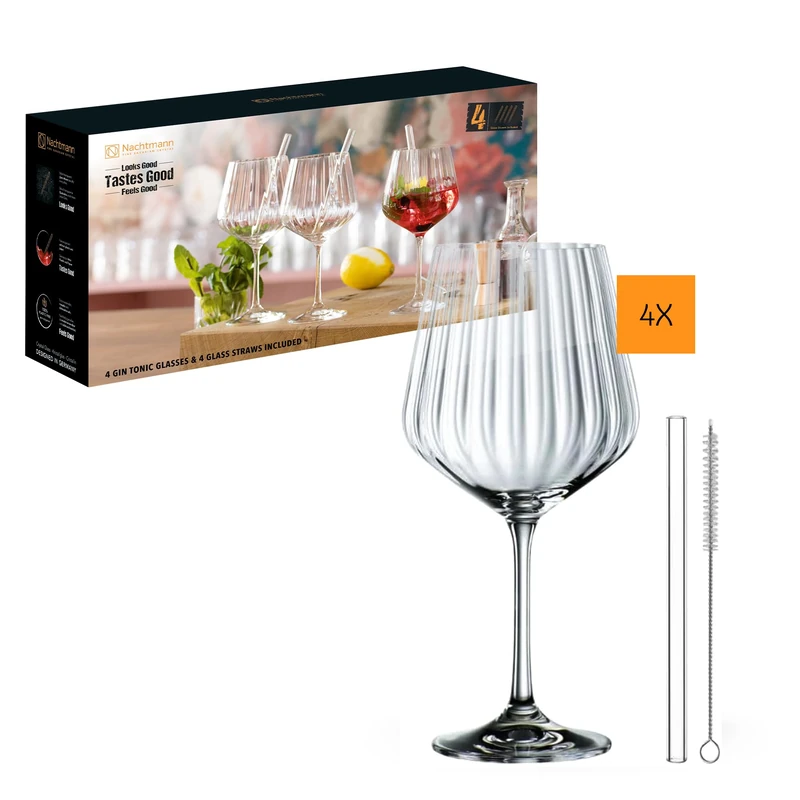 Spiegelau & Nachtmann, 9-Piece Gin & Tonic Set, 4 x Gin Tonic Glasses (637 ml), 4 x Glass Straws, 1 x Cleaning Brush, Tastes Good, 103143