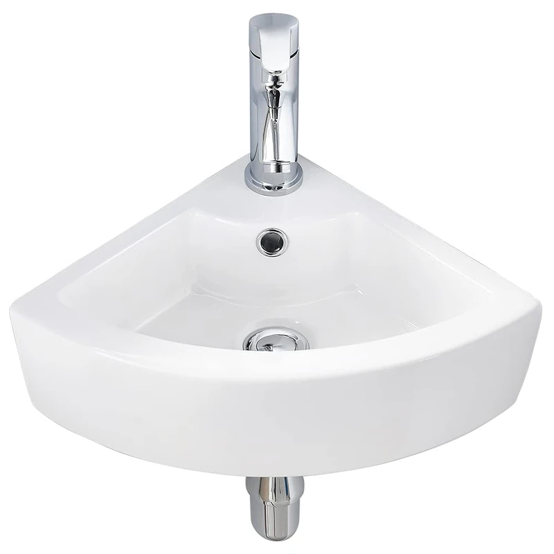 VASOYO Small Corner Bathroom Sink Wall Mount White Triangle Porcelain Ceramic Above Counter Mini Wall Vanity Vessel Sinks with Single Faucet Hole and Overflow