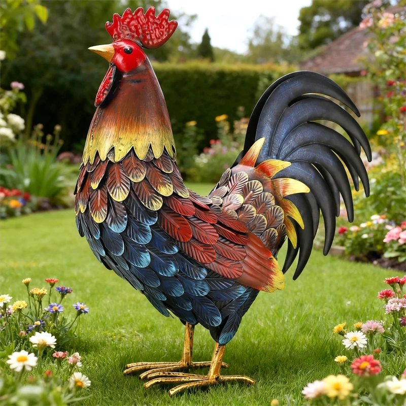 chisheen Rooster Decor Garden Statue Metal Chicken Yard Art Sculpture Outdoor Figurines