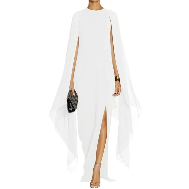 MAYFASEY Women's Elegant High Split Flare Sleeve Formal Evening Gowns Maxi Dress with Cape - White - Medium