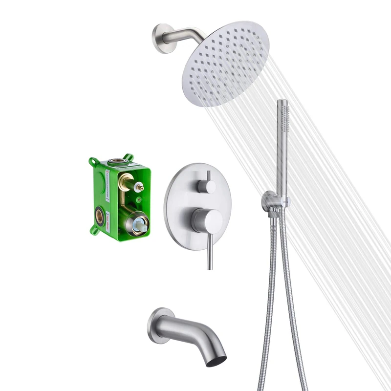 Brushed Nickel Shower System with Waterfall Tub Spout, 8 Inches Rain Shower and Handheld