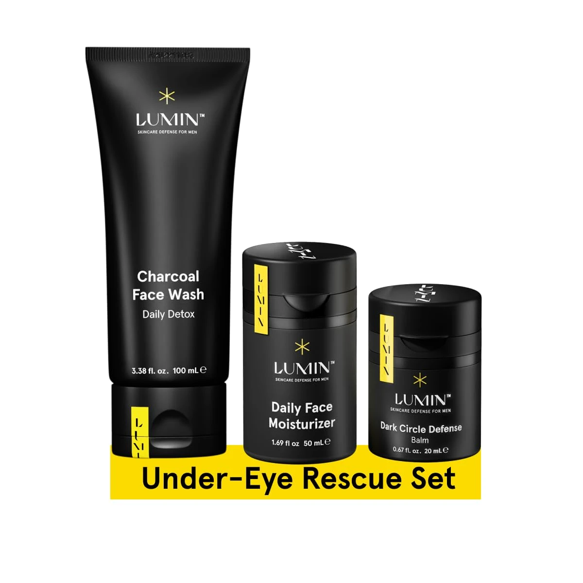 Lumin - No Baggage Trio - Skin Care Kit for Men - Dark Circle Defense, Charcoal Cleanser, Moisturizer - Helps with Tired Eyes, Dark Spots, Uneven and Dull Skin - 2 Month Supply
