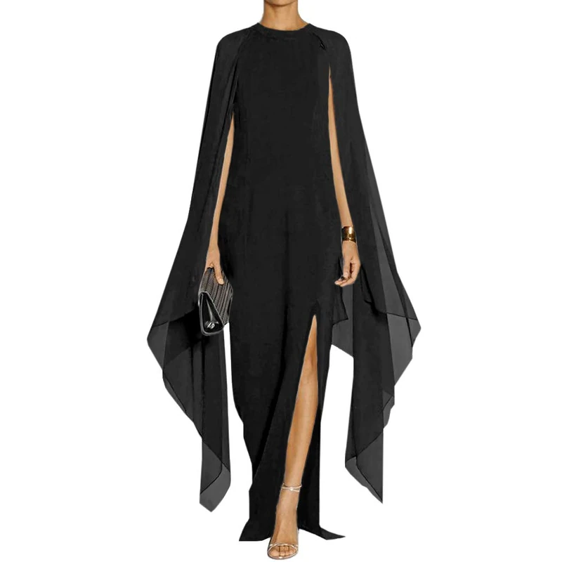 MAYFASEY Women's Elegant High Split Flare Sleeve Formal Evening Gowns Maxi Dress with Cape - Black - Medium