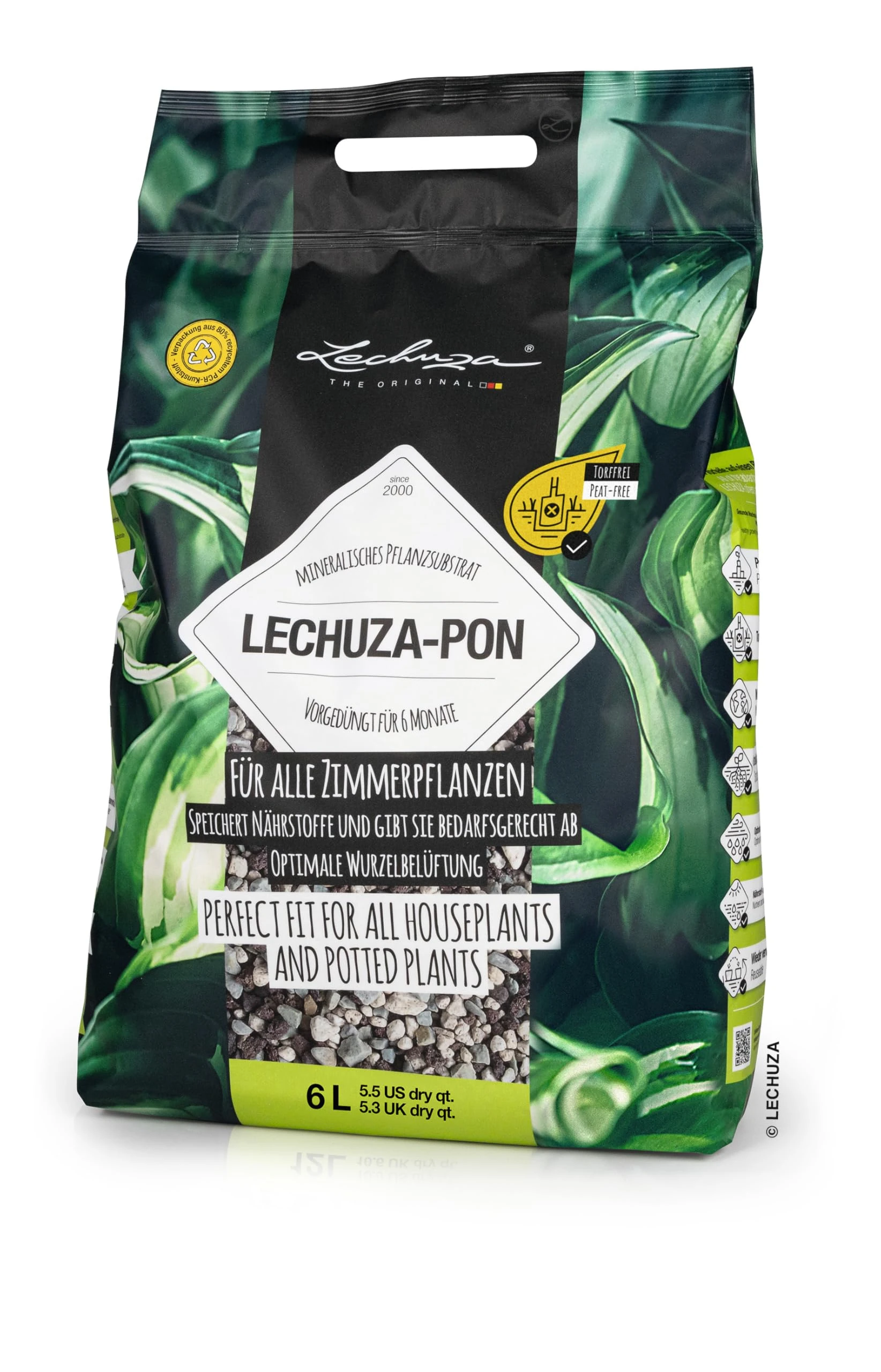 LECHUZA PON Peat-Free Houseplant Potting Mix for Indoor Plants, Cacti and Succulents Soil Potting Compost 6L