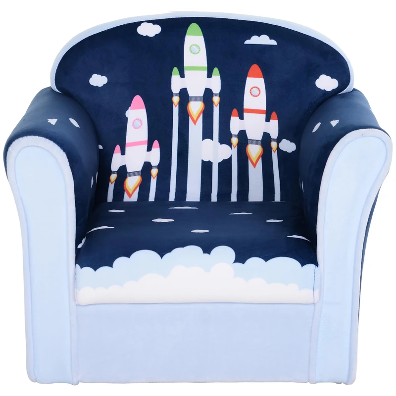 HOMCOM Children's Armchair Flannel Kids Sofa Tub Chair Cartoon Rocket Pattern Wooden Frame Bedroom Playroom Seater Blue
