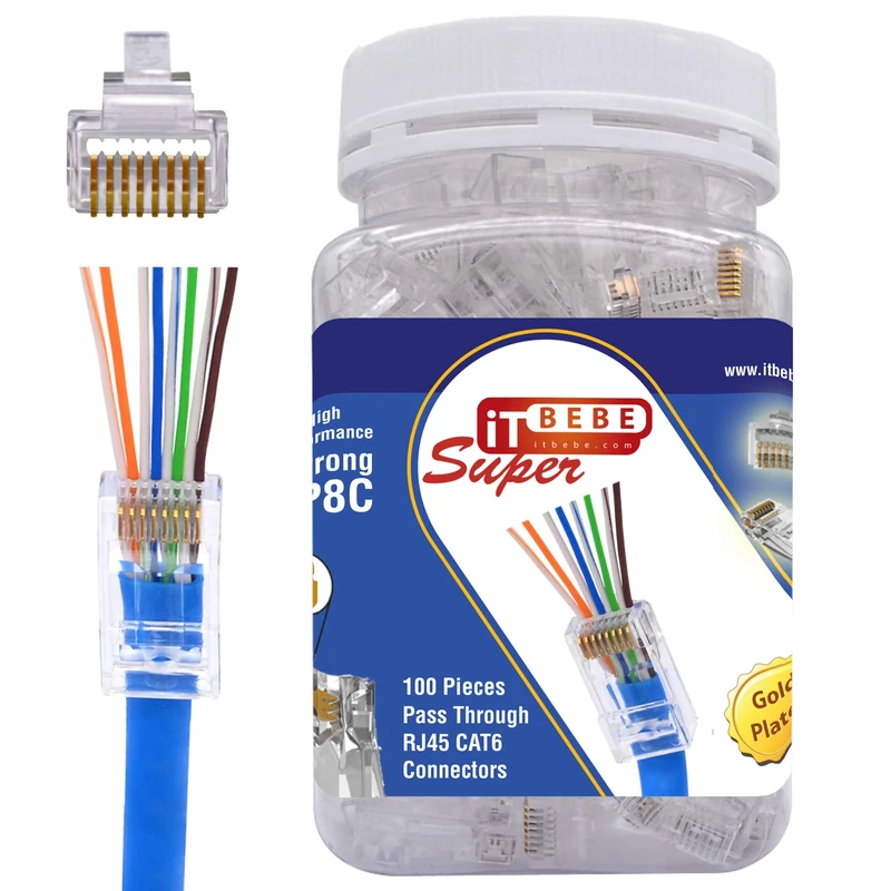 ITBEBE 100 Pieces RJ45 Cat6 Pass Through Connectors - Gold Plated Transparent Passthrough Ethernet Insert Crimp Connector UTP Network Plug for 24 AWG Cables – Works for Both Solid and Stranded Cables