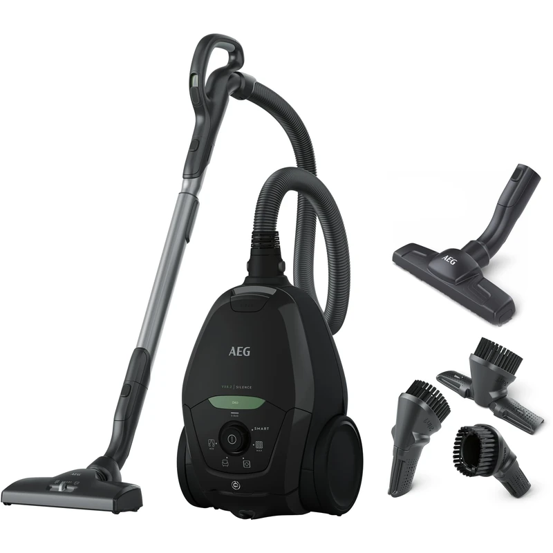 AEG Vacuum Cleaner With Bag, VX82-1-ÖKO, Automatic Suction Regulation, Suitable For All Floor Types, 12 m, HEPA Filtration System, 57 dB, Hand Vacuum, 4 Accessories Included, Black