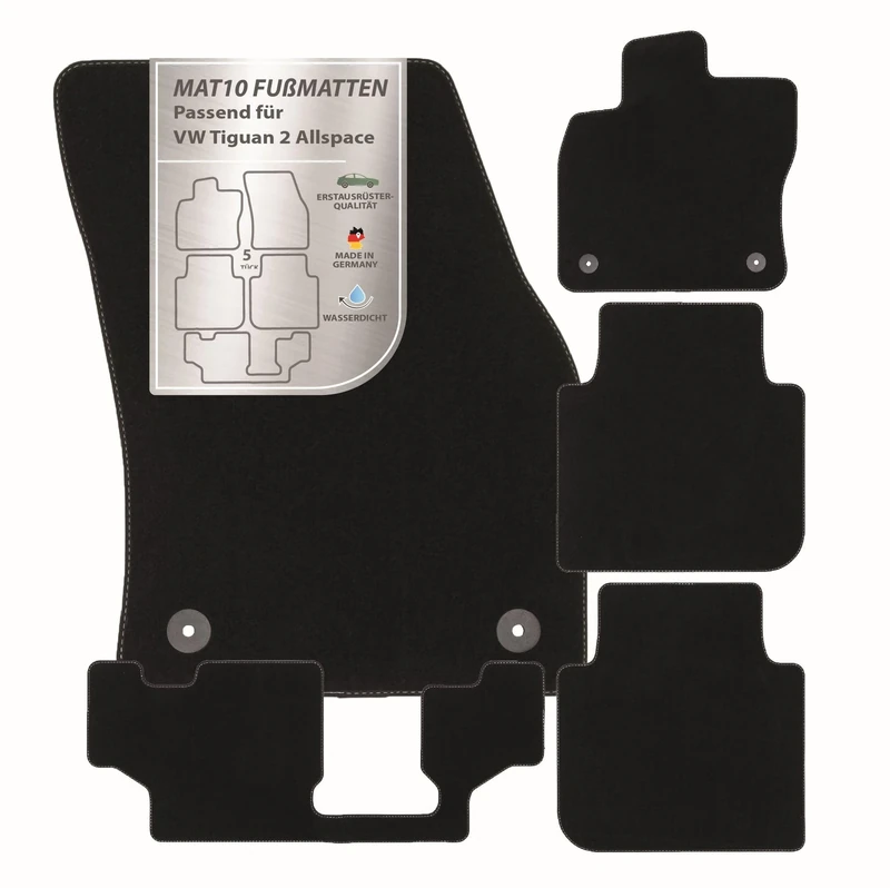 MAT10 Silver Line: VW Tiguan II Allspace 7-seater from year of manufacture 2017-03 / Seat Tarraco from year of manufacture 2018-09 Car Floor Mats Velour Premium Quality 5 Piece Black Fit