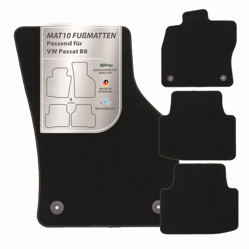 MAT10 Silver Line: VW Passat B8 Saloon and Variant from 2014-08 / Passat Alltrack from 2015-05 Car Floor Mats Car Mat Velour Premium Quality 4 Piece Black Guaranteed Fit