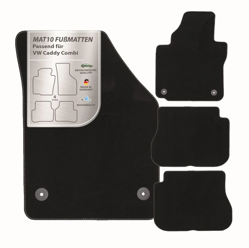 MAT10 Silver Line: VW Caddy Combi 5-Seater Sliding Door Left & Right from Year of Manufacture 2015-05 Car Floor Mats Velour Premium Quality 4 Piece Black Fit