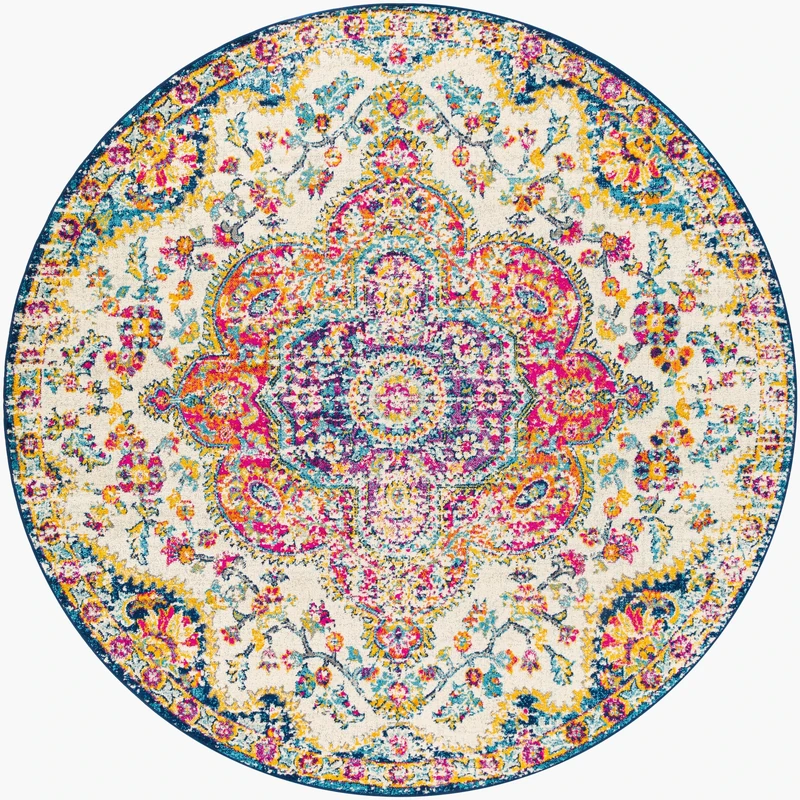 Livabliss Rabat Vintage - Area s Living Room 200 cm, Dining Floor, Kitchen, Traditional Multicoloured Boho, Easy Care Pile, Bohemian Round, Fuchsia, Orange and Blue