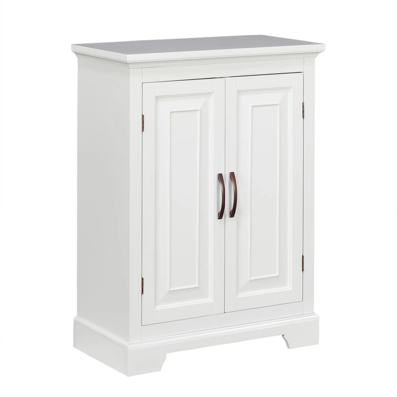 Teamson Home St. James Freestanding Two-Door Floor Cabinet, White with Brushed Bronze Handles, Adjustable Shelves, Magnetic Latch Closure for Bathroom or Utility Storage