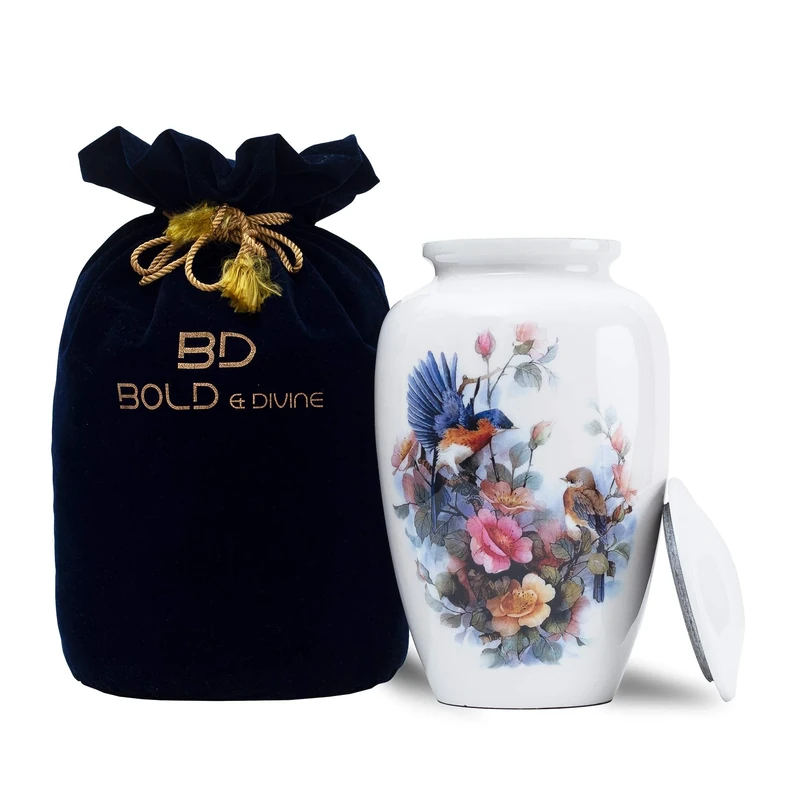 BOLD & DIVINE White Birds Printed Cremation Urn | Large | 200 Cubic Inches | For Human Ashes Adult Memorial, Burial, Funeral Cremation Urn with Unique Velvet Bag