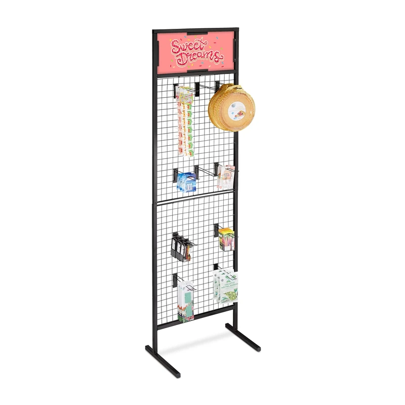 Relaxdays Gridwall Mesh Panel Display, Product Stand, 10 Hooks for Perforated Wall, Iron, HXD : 215x65.5x44.5 cm, Black