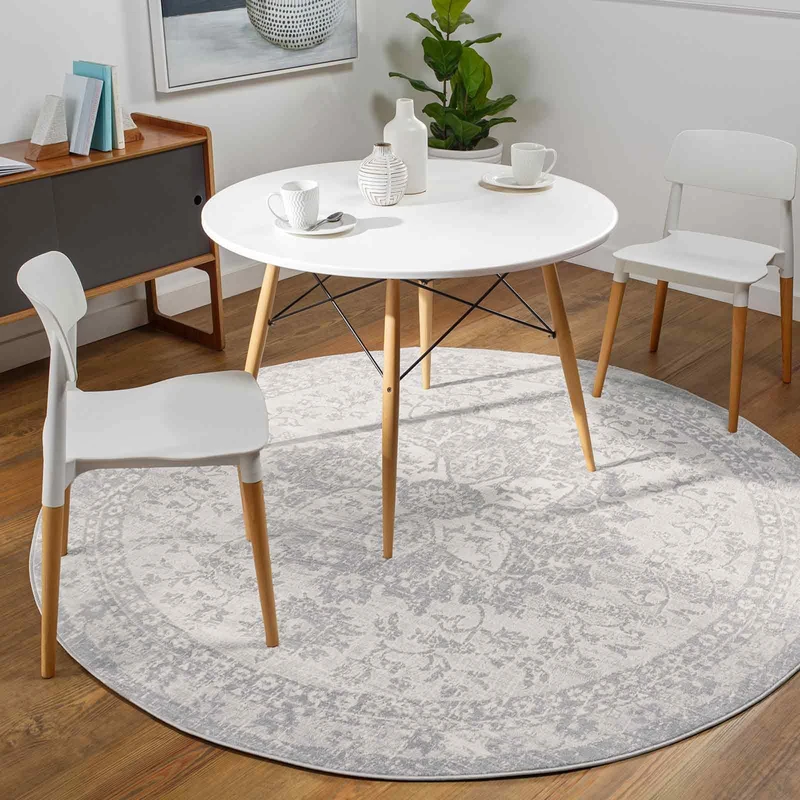 Livabliss Kubu Vintage, Round Area for Living Room 200 cm, Bedroom, Scandi Neutral, Traditional Patterned Boho Style, Natural Easy Care Pile, Large, Silver, Grey and Ivory