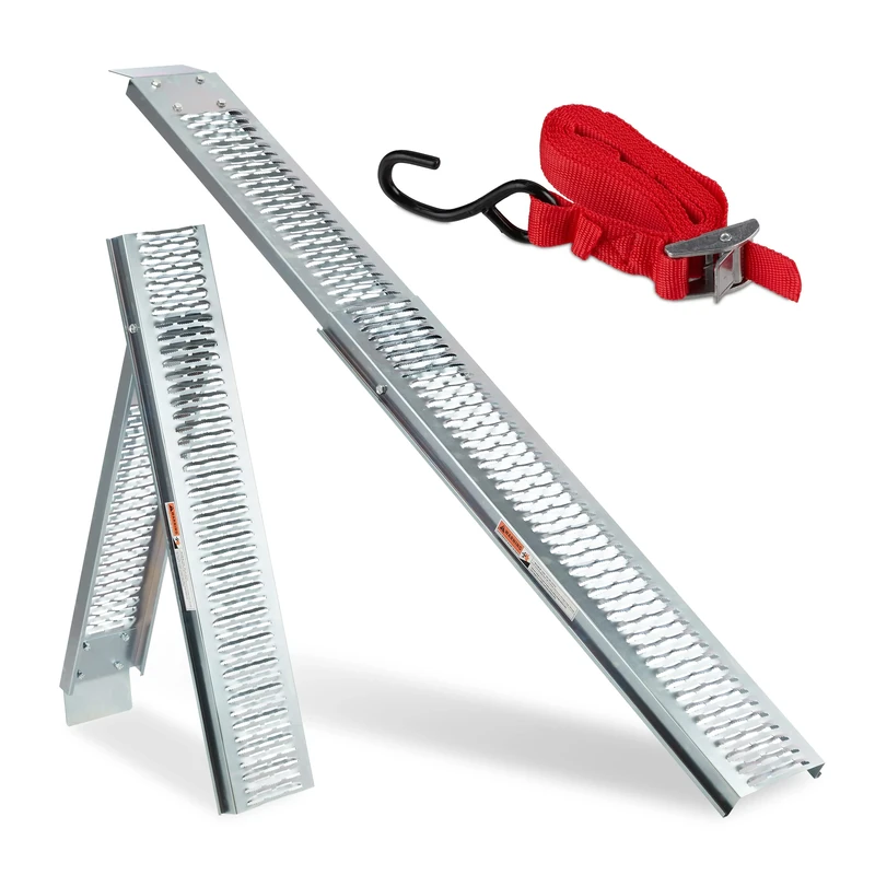Relaxdays Foldable Loading Ramp, Non-Slip Rail Motorcycle, Bike, Car, Trailer, Steel, Capacity: 225 kg, 2m long, Silver