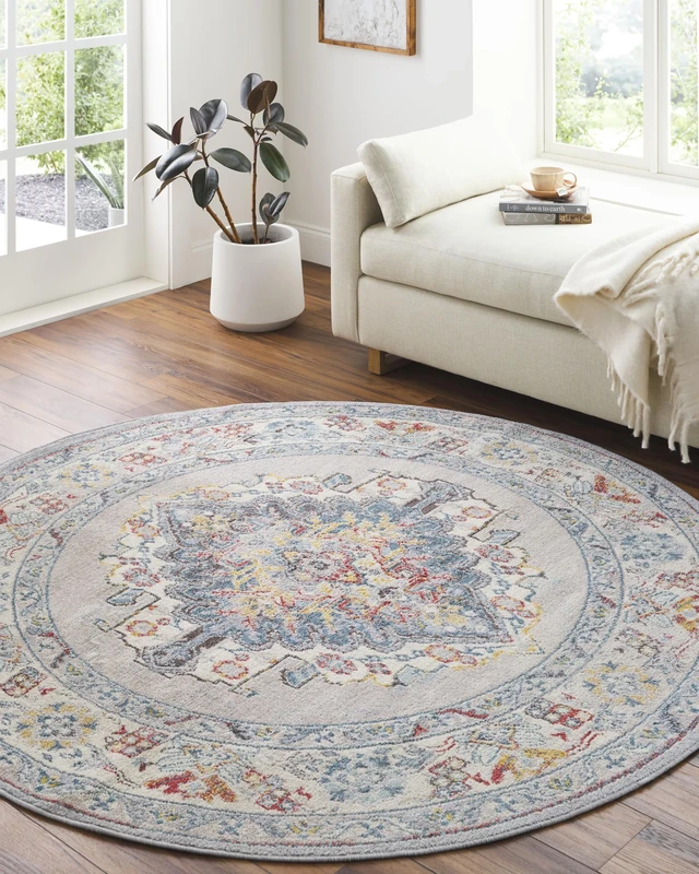 Livabliss Casablanca Vintage Rug - Area Rugs for Living Room 200x200 cm, Bedroom - Scandi Neutral Rugs, Traditional Patterned Boho Style, Natural Easy Care Pile - Large Rug, Taupe, Blue and Grey