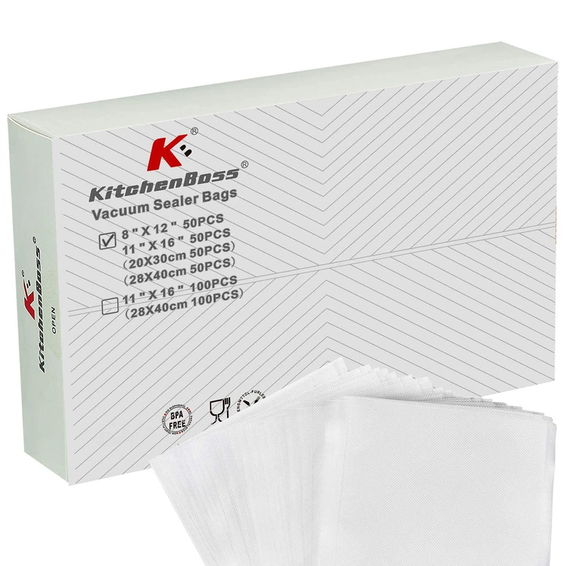 KitchenBoss Vacuum Sealer Bags 100pcs 20 * 30cm and 28 * 40cm Thick Embossed Bags, Food Preserving Storage Bags for Food Saver and Sous Vide