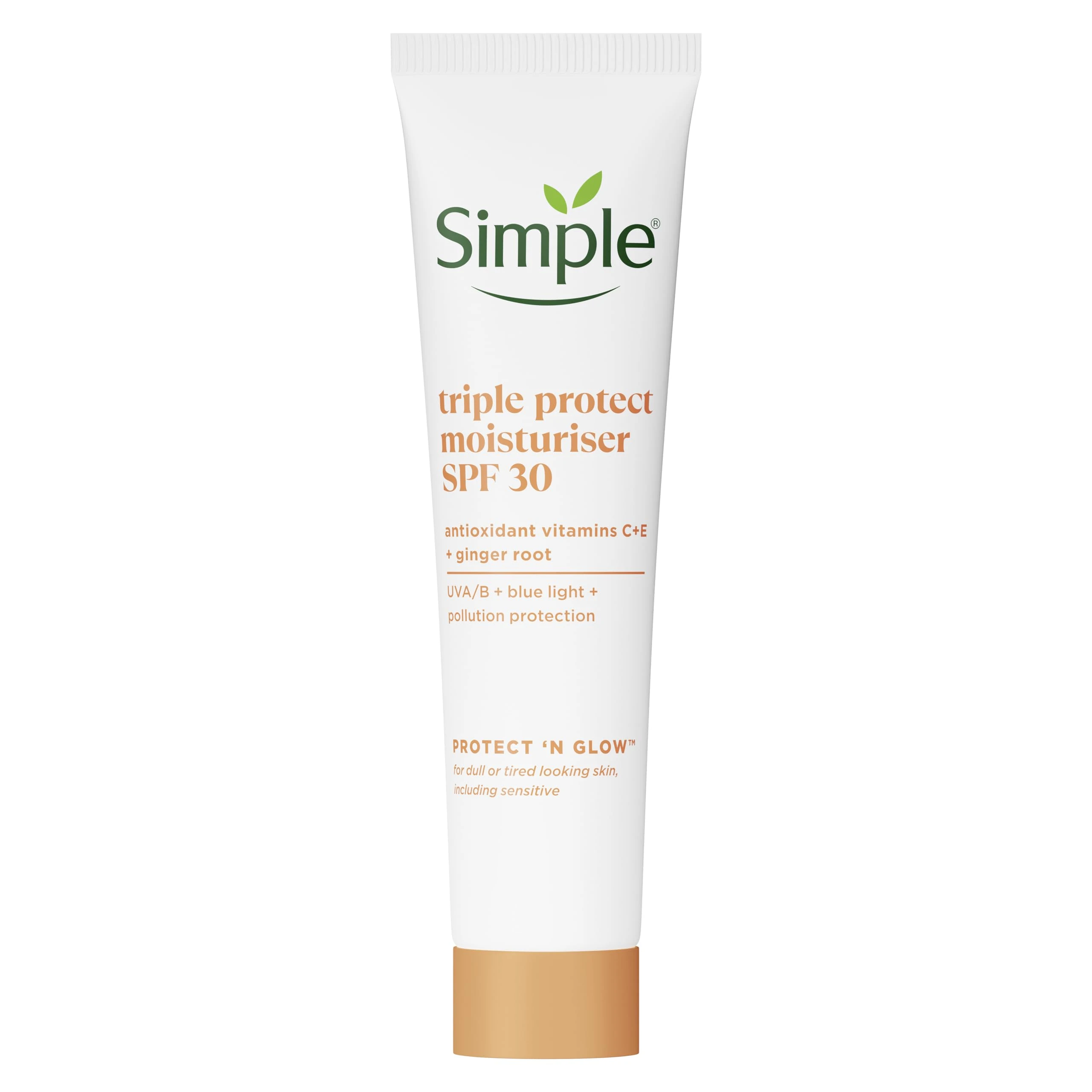 Simple Triple Protect Moisturiser SPF 30 – 3x Protection from UVA/UVB, Blue Light & Pollution with Vitamin C & E – Brightens Dull, Sensitive Skin for a Glowing Complexion 40 ml