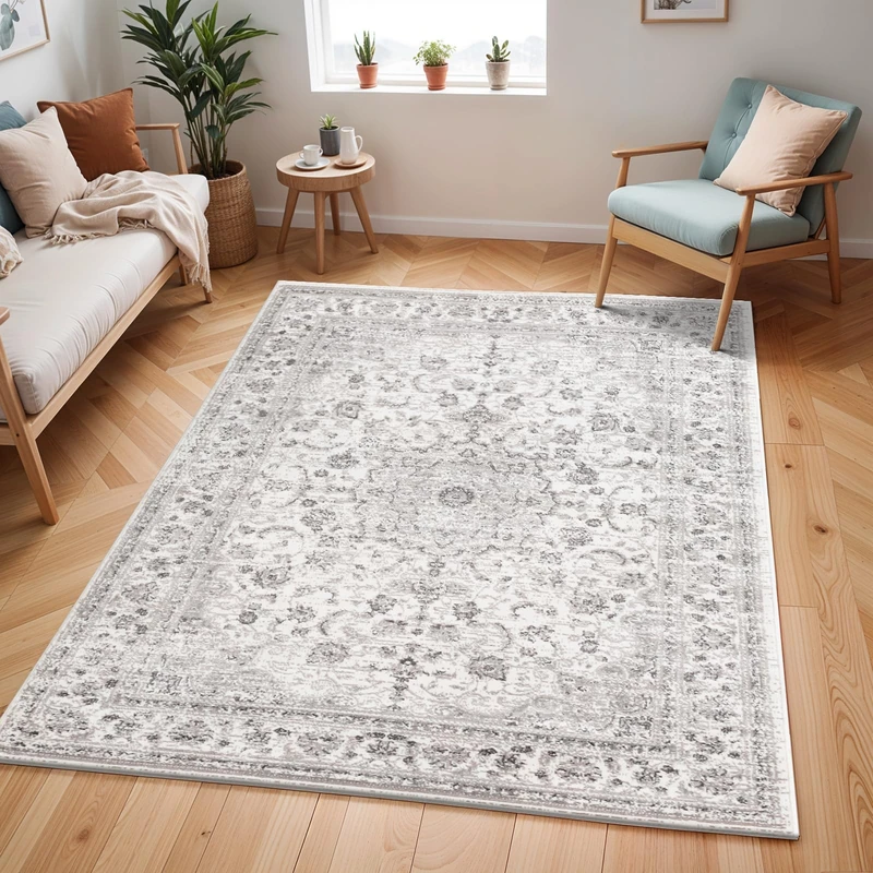 Livabliss Hergla Vintage - Area s Living Room 160x220 cm, Hallway, Bedroom - Chic Neutral Scandi, Traditional Boho Style, Natural Easy Care Pile - Large, Grey, Charcoal, White