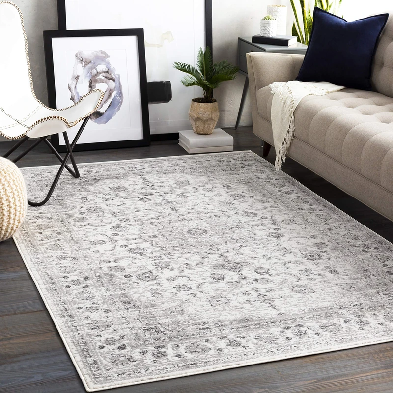 Livabliss Sanvi Hergla Vintage Style Floor Covering 200x275 cm – Scandi Neutral Traditional Pattern for Living Room, Hallway & Bedroom, Easy Care, Grey & White
