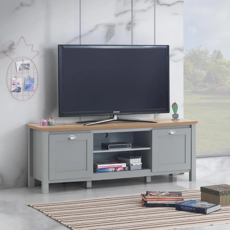 TAD TIMBER ART DESIGN UK Eaton TV Unit Stand, Grey and Oak Media Cabinet with 2 Doors and Shelf, 150 x 39.5 x 56.5 cm