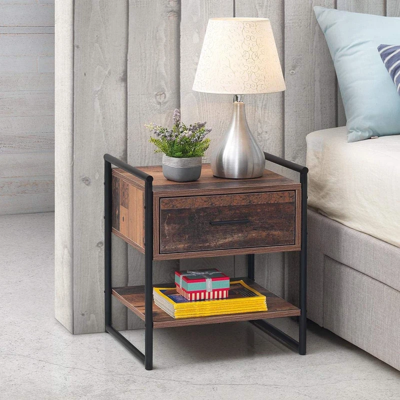 Timber Art Design UK Abbey Bedside Table Wood Side End Table Cabinet Bedroom Furniture Nightstand Table With Open Storage Space with 1 Drawer Rustic Urban - H50 x W44 x D40 cm
