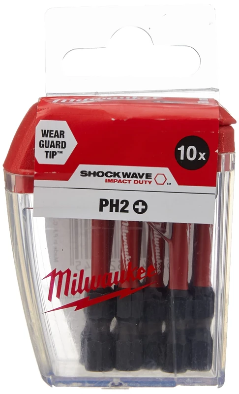 Milwaukee Shockwave PH2 50mm Screwdriver Bits Pack of 10, 4932472048, Red