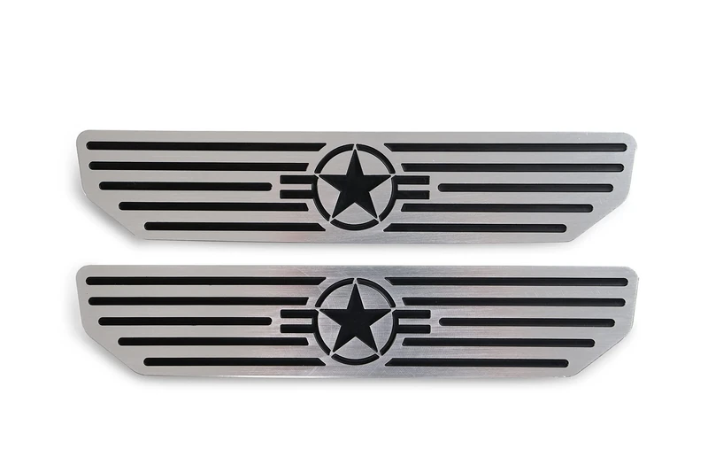 DV8 Offroad | Sill Plate Covers for Wrangler and Gladiator | Billet Aluminum | Front Door Set | Embossed with Since 1941" | Silver Finish (Rear Set)