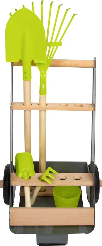 Garden Trolley Set made of beech wood and metal incl. spade, rake, plant pot, shovel and rake, for children from 3 years