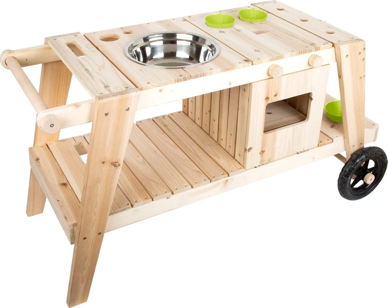 Mud kitchen made of solid and weatherproof wood for children from 3 years, outdoor kitchen with accessories and wheels