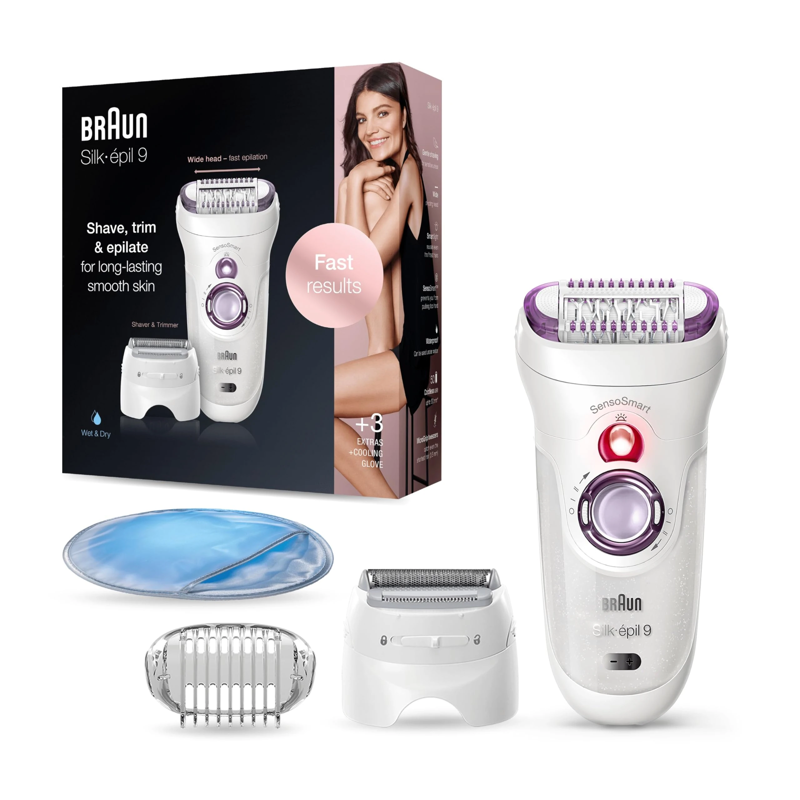 Braun Silk-épil 9-710 Epilator, Wet & Dry Hair Removal, 40 Tweezers with Micro-Grip, Cooling Glove, Massage Cap, Shaver & Trimmer Head for Extra Gentle, Long-Lasting Smooth Skin