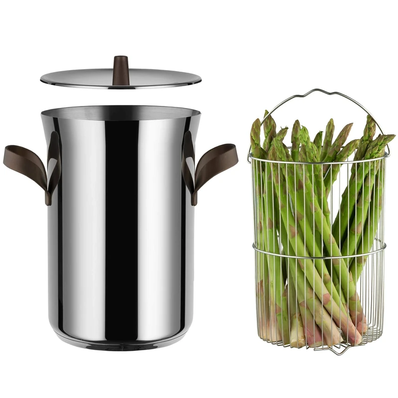 Alessi edo PU309, Asparagus steamer with basket and lid in 18/10 stainless steel. Handles in 18/10 stainless steel with PVD coating, brown. Magnetic steel bottom suitable for induction cooking.