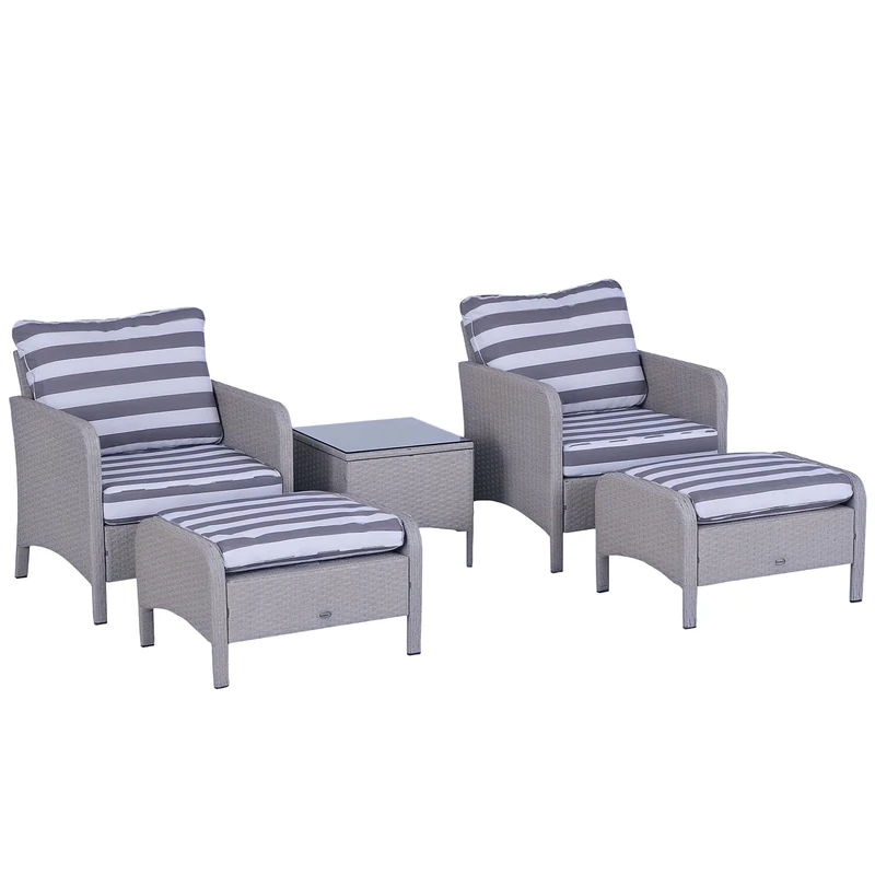 Outsunny 5 Pieces PE Rattan Garden Furniture Set with 10cm Thick Padded Cushions, Wicker Weave Outdoor Seating Chairs with 2 Armchairs, 2 Stools, Glass Top Table, Grey and White