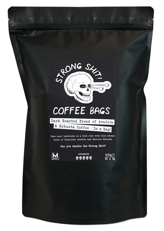 Moreish Coffee Roasters Strong Shit! Coffee Bags - Dark Roasted Blend of Arabica and Robusta (50 Coffee Bags)
