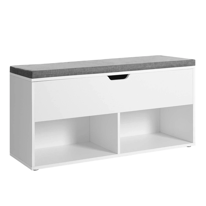 VASAGLE Shoe Bench, Storage Bench with 2 Open and 1 Closed Compartments, Shoe Shelf, Padded Seat, for Entrance Corridor Bedroom, 100 x 30 x 48 cm, White LHS21WT