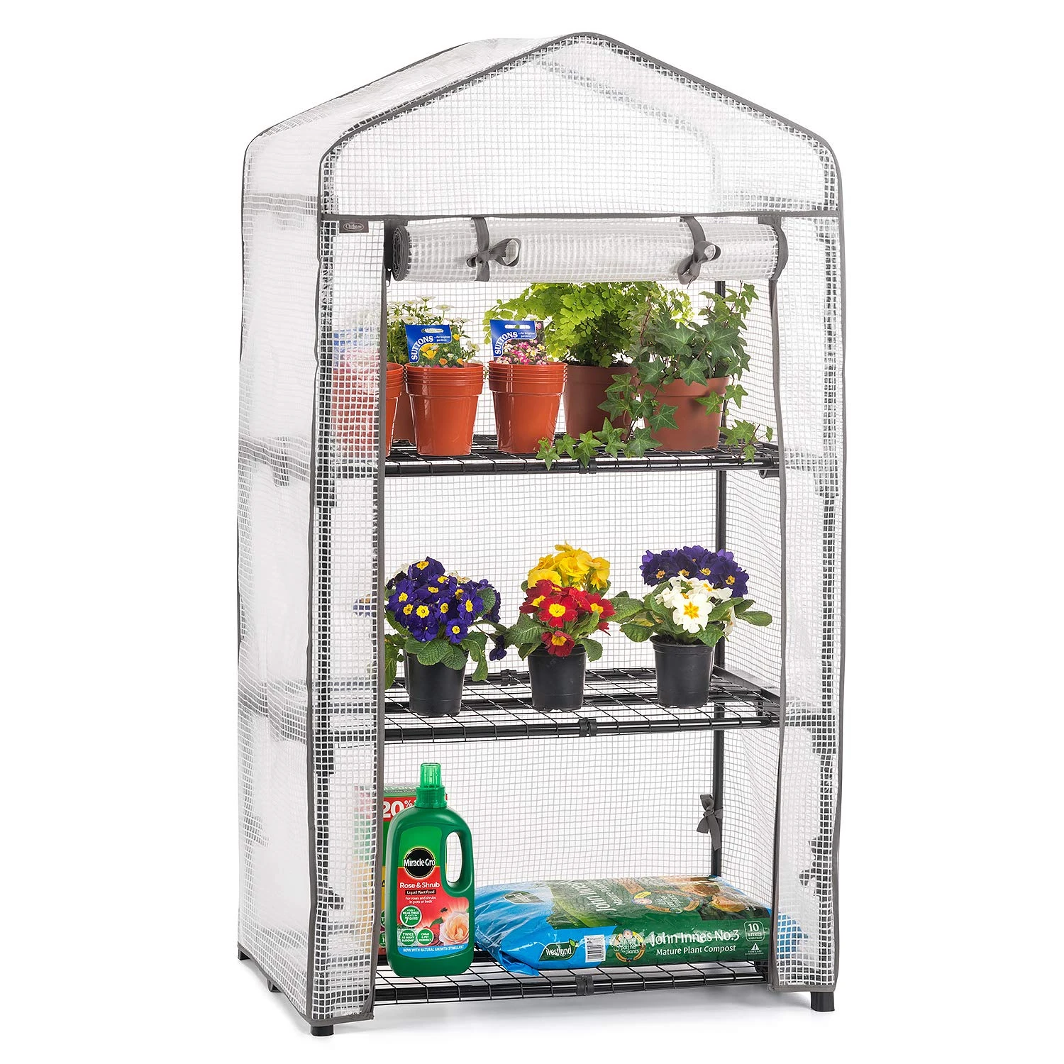Christow Mini Greenhouse 3 Tier, Small Portable Garden Growhouse, Reinforced PE Plastic Cover, Heavy Duty Steel Frame, Three Shelves With Clips, Compact Size H125cm x W69cm x D49cm