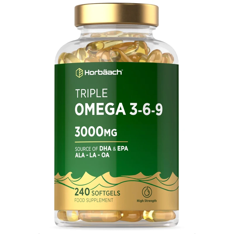 Triple Omega 3 6 9 Capsules 3000mg ALA, LA & OA | 240 Softgels | High Strength EPA & DHA Essential Fatty Acids | Supplement with Fish Oil, Flaxseed & Sunflower Oil | by Horbaach