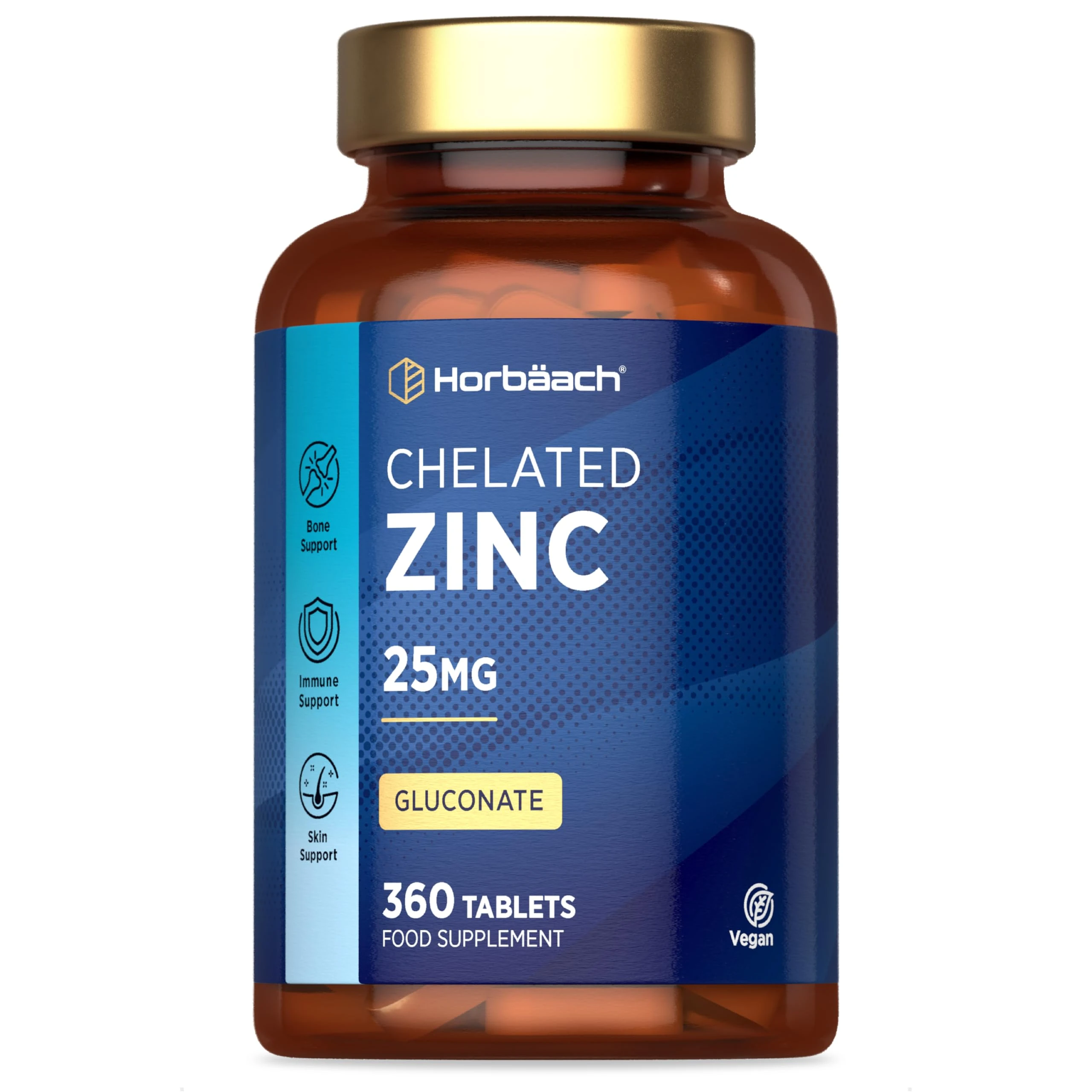 Zinc Tablets 25mg | (1 Year Supply) High Absorption Chelated Zinc | Immunity Support Supplements | 360 Vegan Tablets | by Horbaach