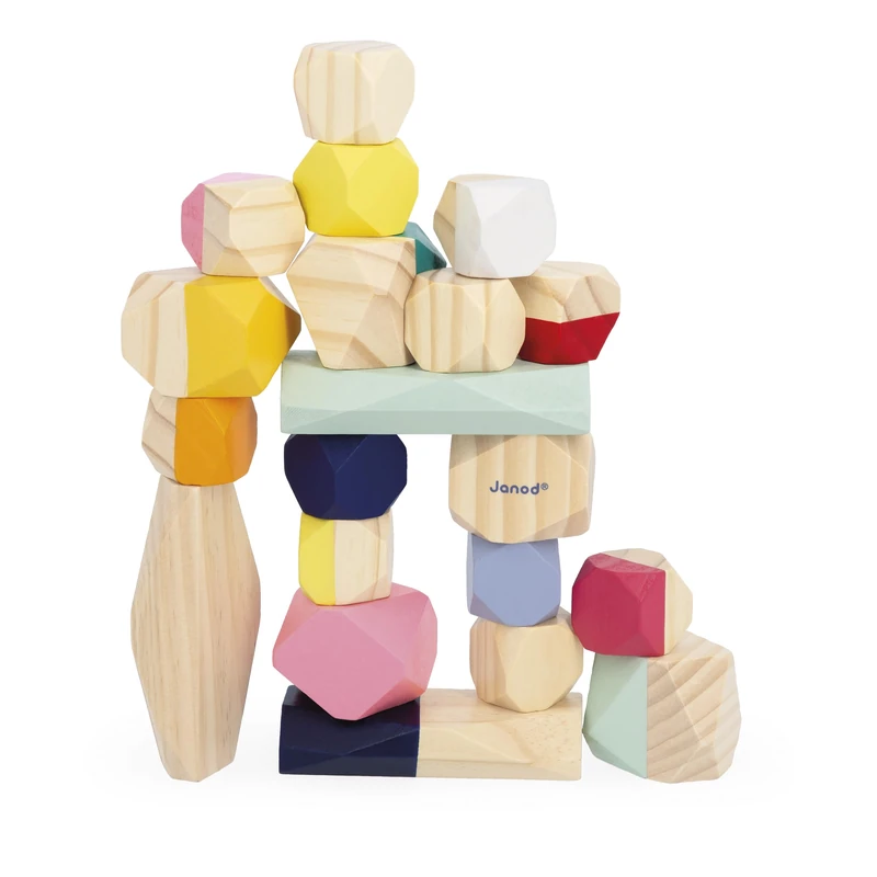 Janod - 20 Wooden Stacking Stones - Early Learning Toy for Toddlers, Water-Based Paint - Stacking Toy - Develops Fine Motor Skills and Concentration - Ages 2 and up