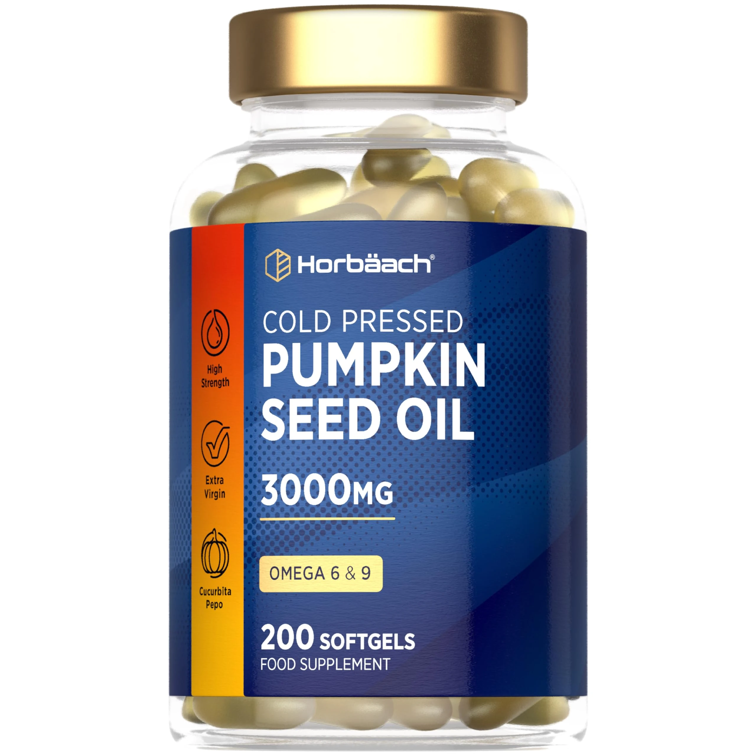Pumpkin Seed Oil Capsules 3000mg | Omega 6 and 9 Fatty Acids | Cold-Pressed | High Strength Supplement | 200 Softgels | by Horbaach