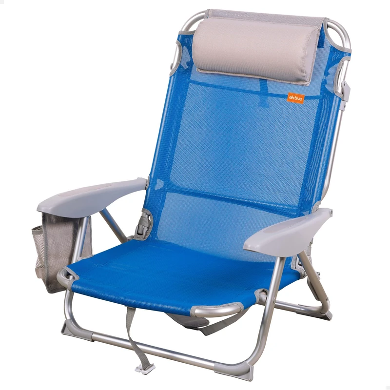 AKTIVE Folding Beach Chair, with Cushion, Reclining Chair, 4 Positions, 51 x 45 x 76 cm, Seat Height 17 cm, Carry Handle, Side Pocket, Blue (62609)