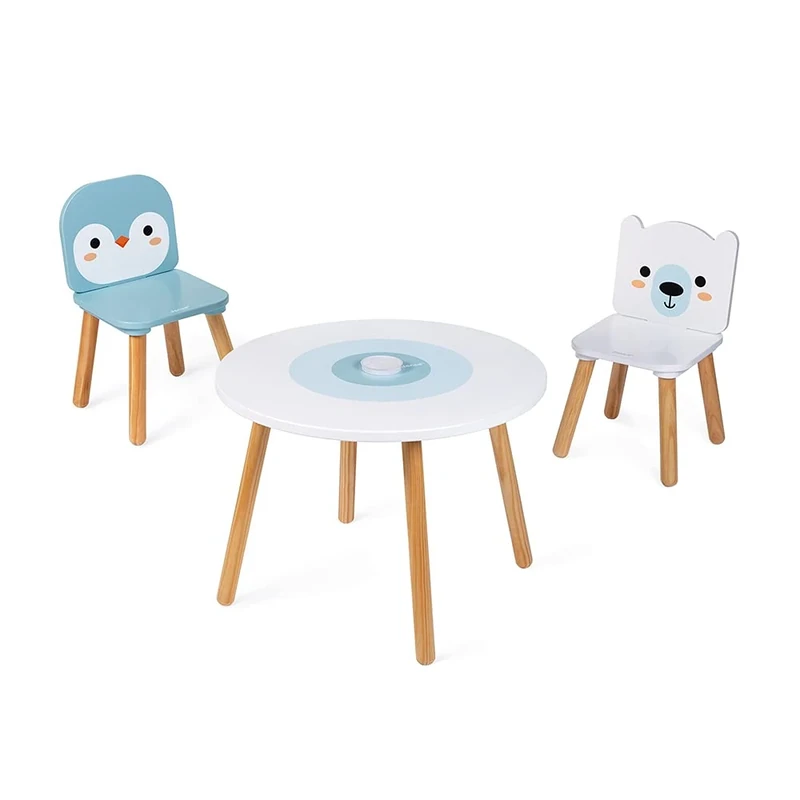 Janod - Table and 2 Wooden Ice Floe Chairs - Round Children's Table with Removable Pencil Holder,J09650,White